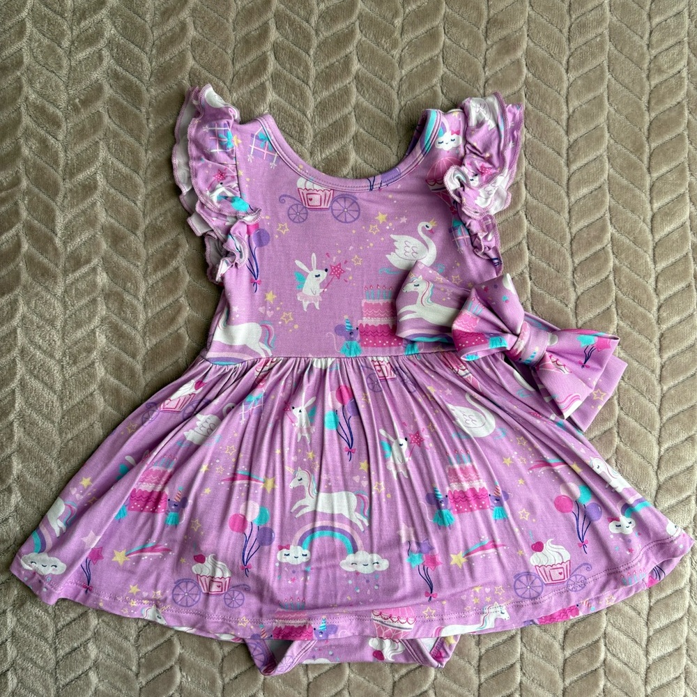 EUC Little Sleepies Magical Birthday Dress w/Bodysuit & Matching Bow 🎀 (6-12 mo)